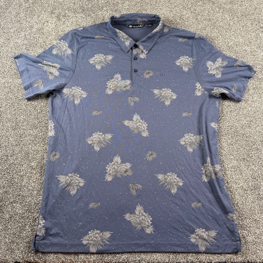 TravisMathew Polo Shirt Men's XXL Blue Floral Speckled Short Sleeve Golf Top - Picture 5 of 6